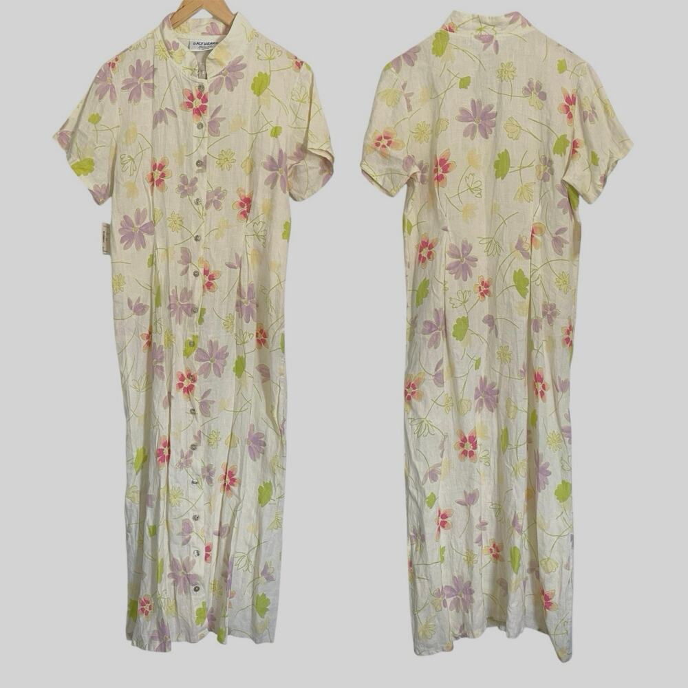 Aly Wear Vintage Linen Floral Maxi Dress Size Medium Cottagecore Prairie Natural